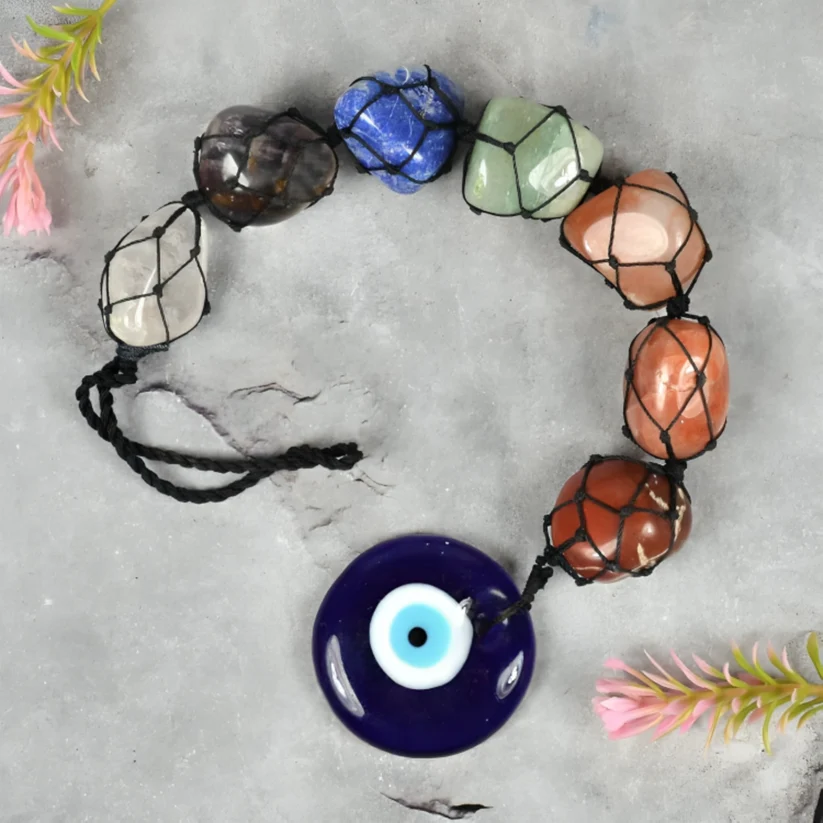 Natural 7 Chakra Tumble Stone Hanging with Evil Eye
