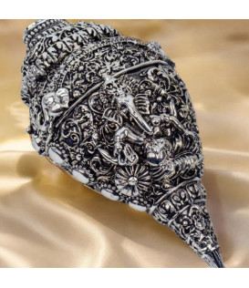 Grappin Pure Silver Plated Antique Ganesha Shankh (Conch) for Wealth and Good Luck