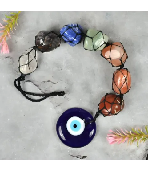 Natural 7 Chakra Tumble Stone Hanging with Evil Eye
